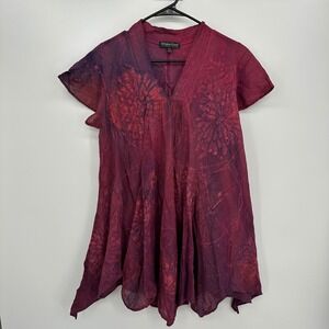 GreaterGood Women Burgundy Batik Floral Cotton Tunic Top Sharkbite Hem S/M